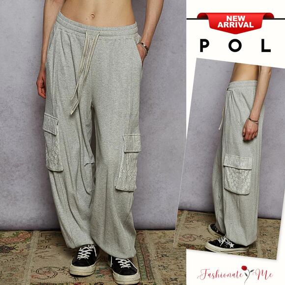 POL High Waist Adjustable Drawstring Lace Cargo Pockets Jogger Pants | H Grey - Picture 1 of 6